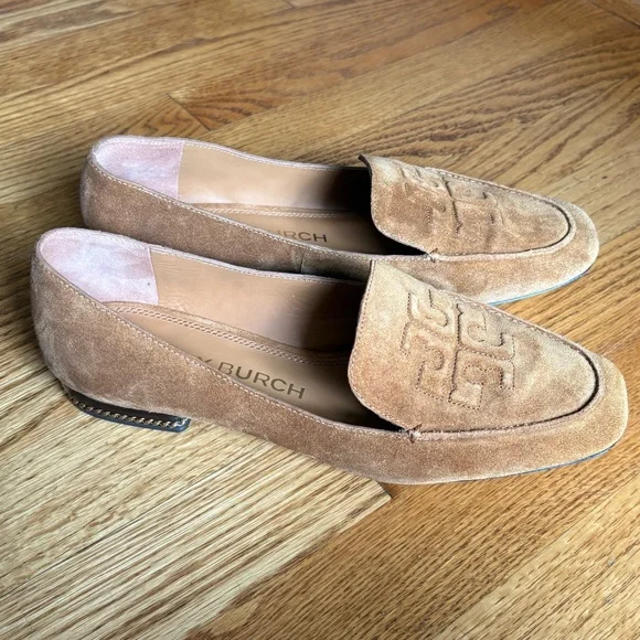 Tory Burch Camel Brown Suede Leather Ruby 15mm Loafer Flat Shoes - Picture 5 of 14